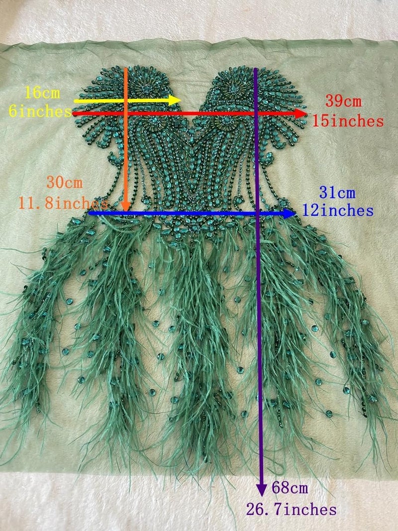 Zbroh Beautiful Ostrich fur decoration large full bodice applique pure handsewing rhinestones beads lace trim patches - Image 3